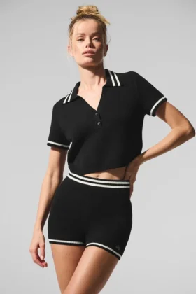 Tennis Club Stickat Knit Cropped Polo – Black/Ivory