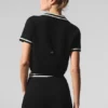 Tennis Club Stickat Knit Cropped Polo – Black/Ivory