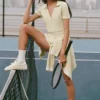 Tennis Club Stickat Knit Cropped Polo – Oatmeal/White