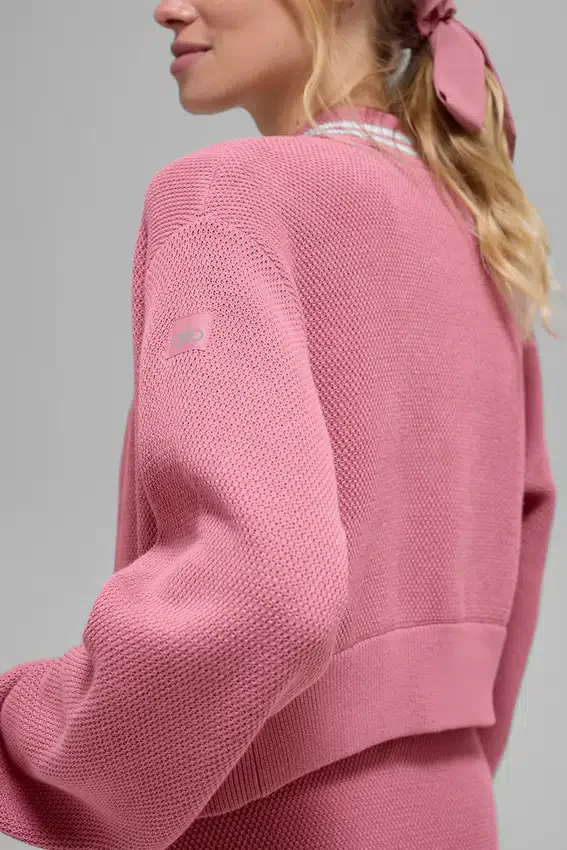 Tennis Club Stickat Knit Full Zip Jacket – Pink Wild Rose/White