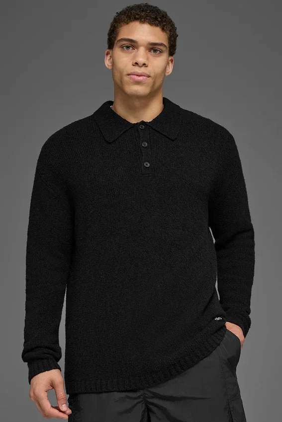 Texturerad långärmad polotröja – Black