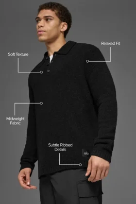 Texturerad långärmad polotröja – Black