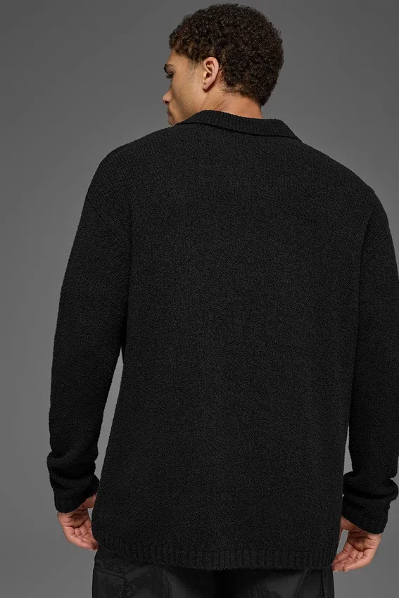Texturerad långärmad polotröja – Black