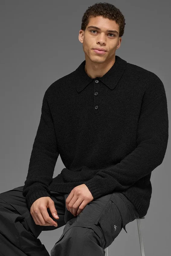 Texturerad långärmad polotröja – Black