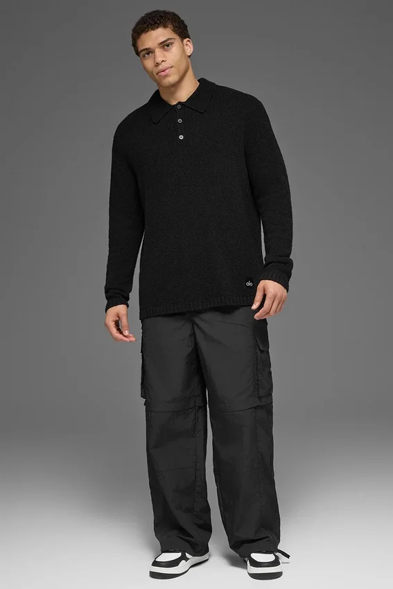 Texturerad långärmad polotröja – Black