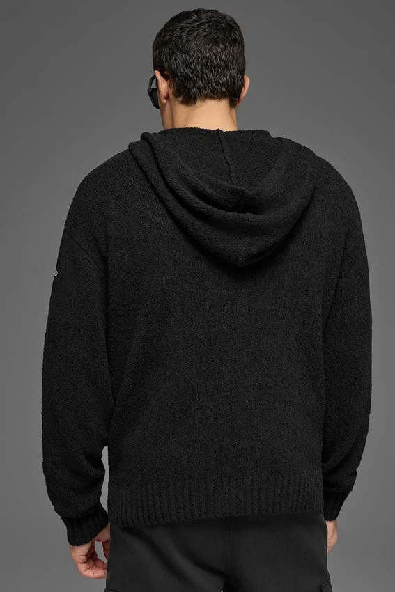 Texturerad stickad huvtröja – svart