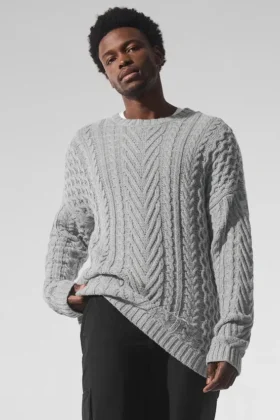 Tröja med rund hals och kabelstickning – Athletic Heather Grey