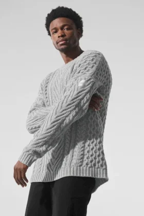 Tröja med rund hals och kabelstickning – Athletic Heather Grey