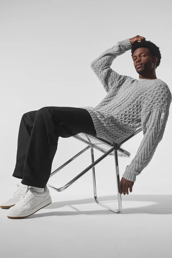 Tröja med rund hals och kabelstickning – Athletic Heather Grey