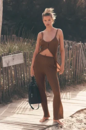 Tröjliknande High-Waist-byxor med raka ben – Sun Kissed Brown