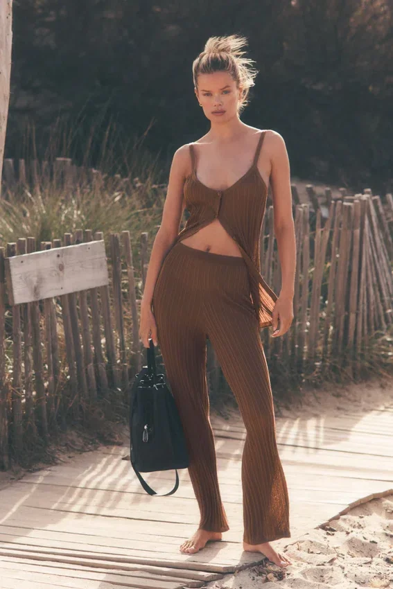Tröjliknande High-Waist-byxor med raka ben – Sun Kissed Brown