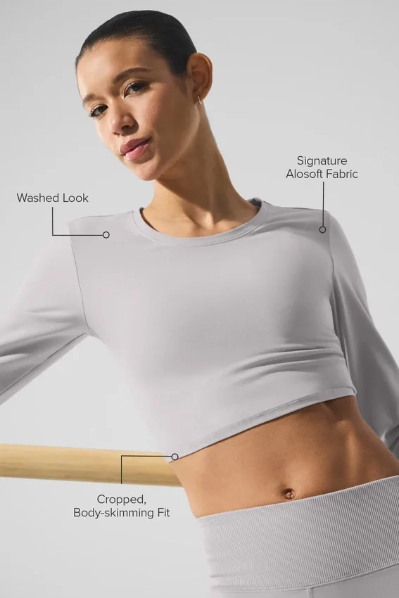 Tvättad Alosoft Crop Finesse långärmad tröja – Grey Sky Wash