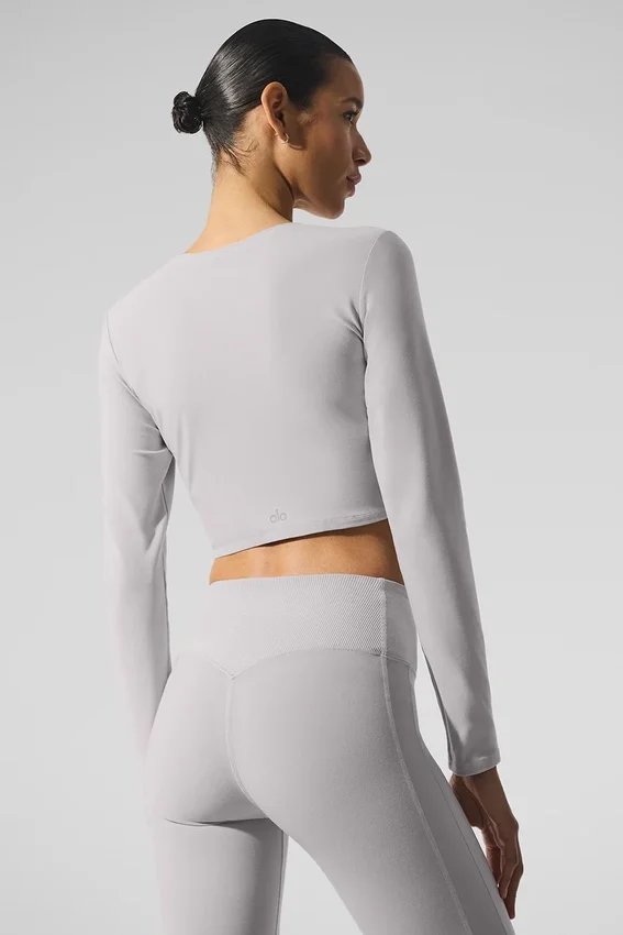 Tvättad Alosoft Crop Finesse långärmad tröja – Grey Sky Wash