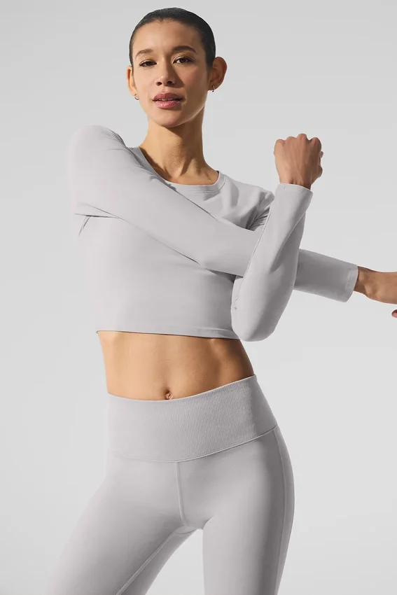 Tvättad Alosoft Crop Finesse långärmad tröja – Grey Sky Wash