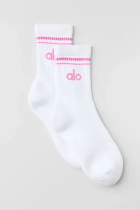 Unisex halvhög Throwback-strumpa – Vit/Paradisrosa