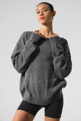 Unisex-stickat i ull och kashmir, New Class, rund hals – platinagrå