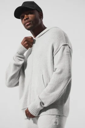 Wool Cashmere New Class Full Zip Huvtröja – Pearl Grey Heather