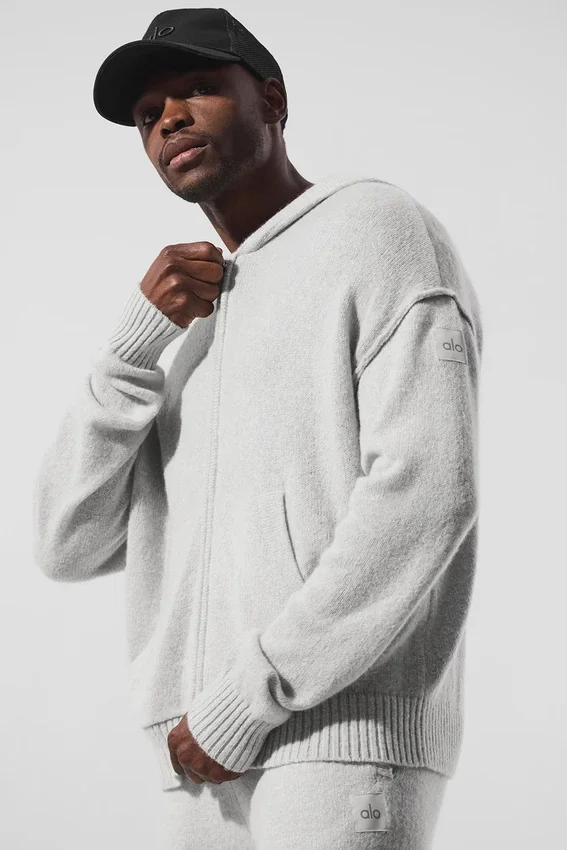 Wool Cashmere New Class Full Zip Huvtröja – Pearl Grey Heather