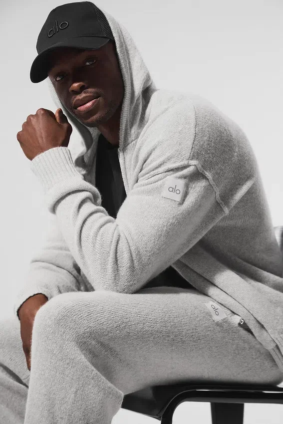 Wool Cashmere New Class Full Zip Huvtröja – Pearl Grey Heather