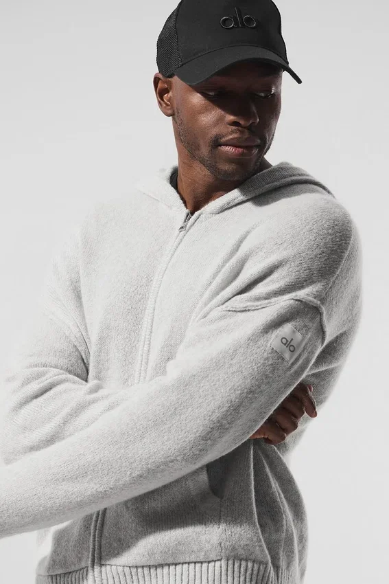 Wool Cashmere New Class Full Zip Huvtröja – Pearl Grey Heather